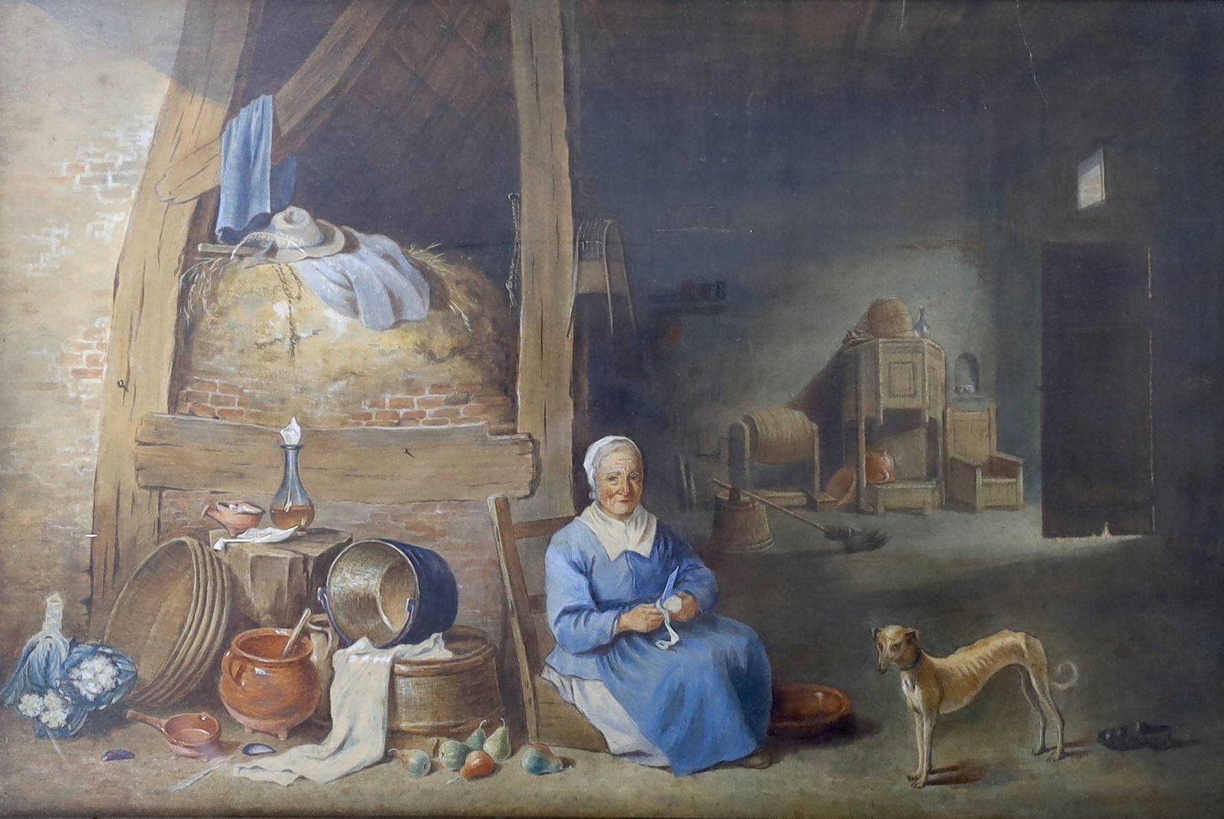 19th century Flemish School, watercolour, 17th century cottage interior with woman peeling an onion, 29 x 45cm